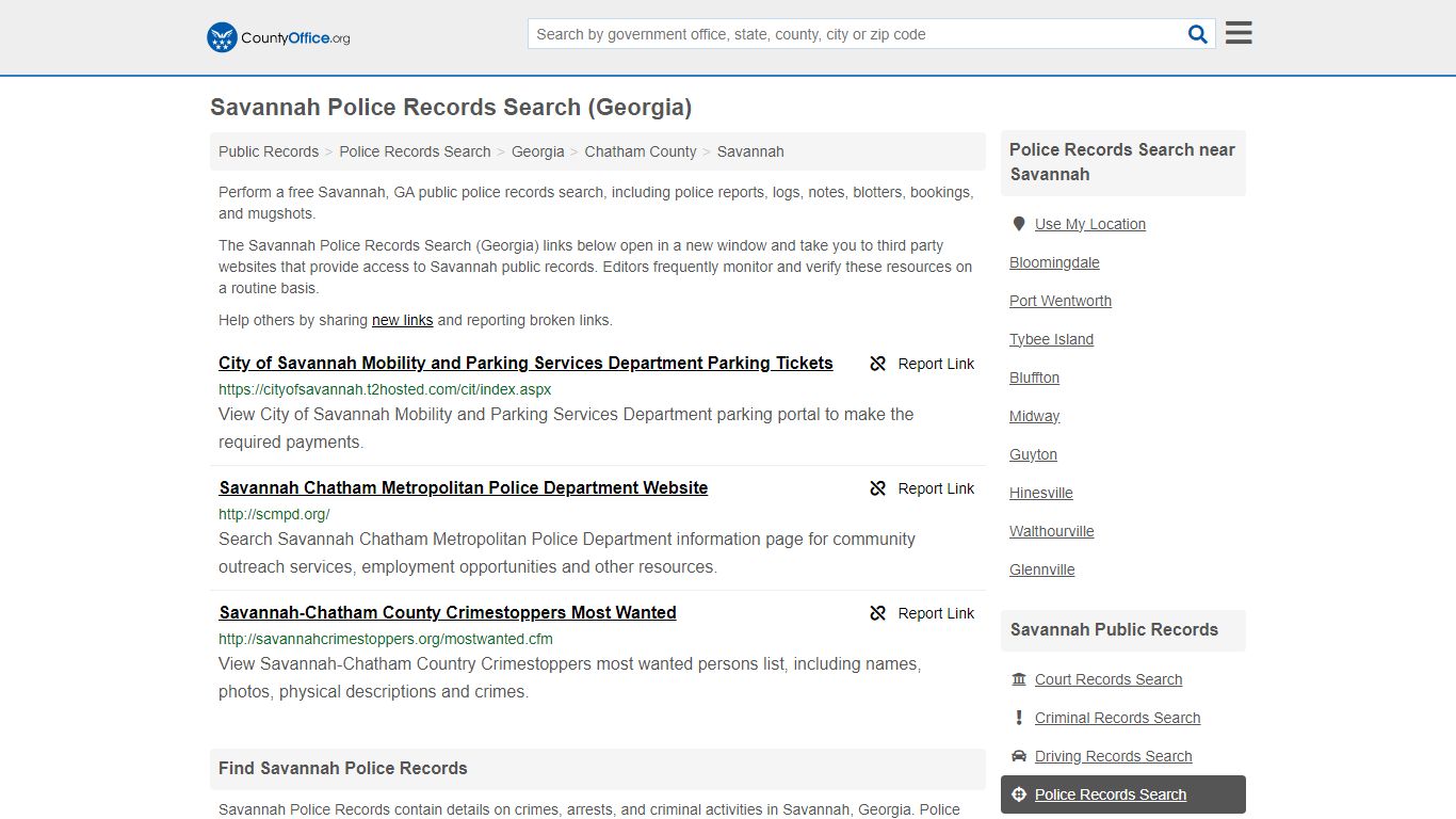 Savannah Police Records Search (Georgia) - County Office